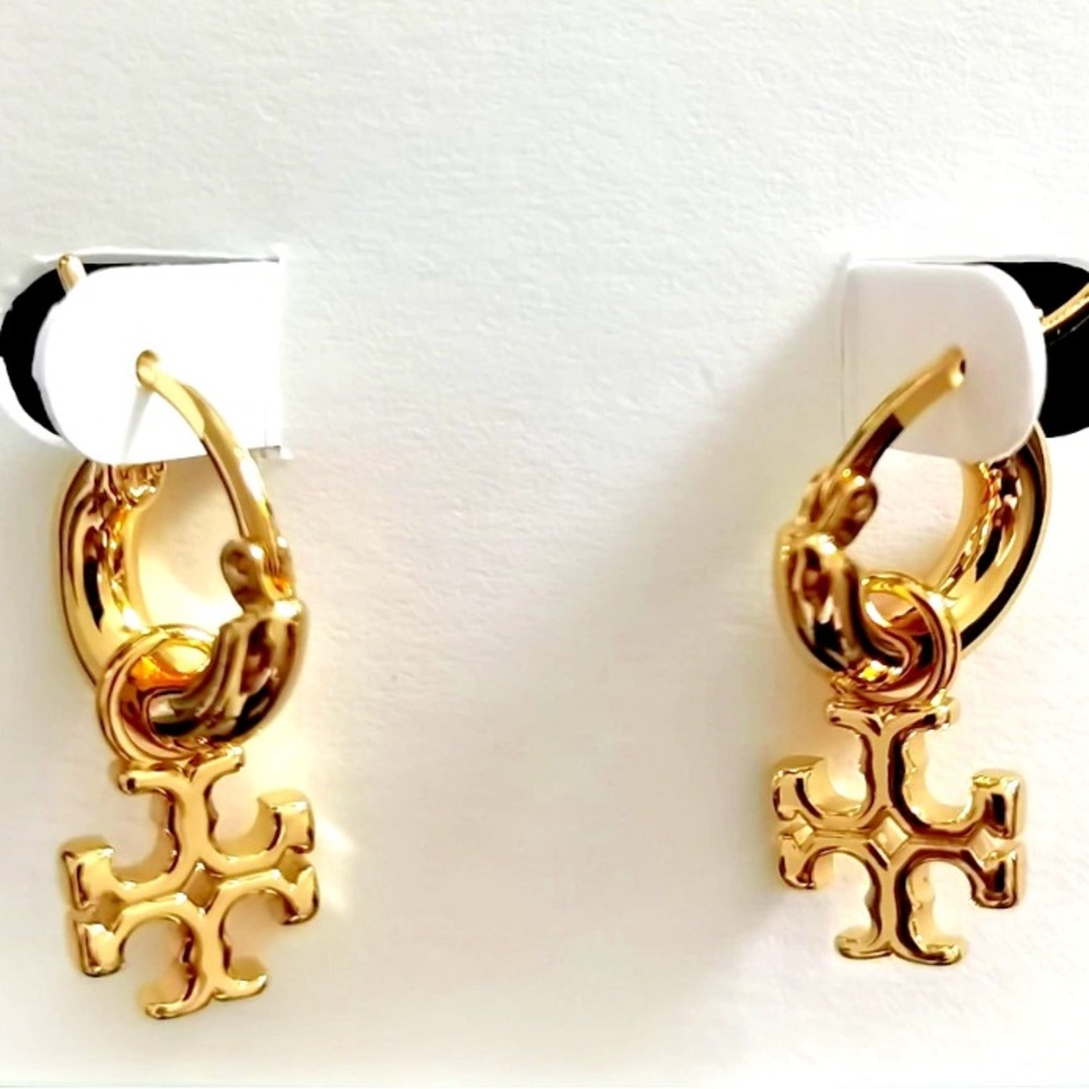 TORY BURCH GOLD KIRA LOGO HUGGIE HOOP EARRINGS - Picture 3 of 8